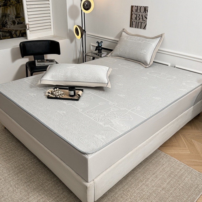 91家纺网 家纺一手货源 找家纺 绒艺席业 2026年新款立体浮雕工艺正宗凉感豆豆席凉席席子-床笠款 豆豆荷塘月色-浅灰色