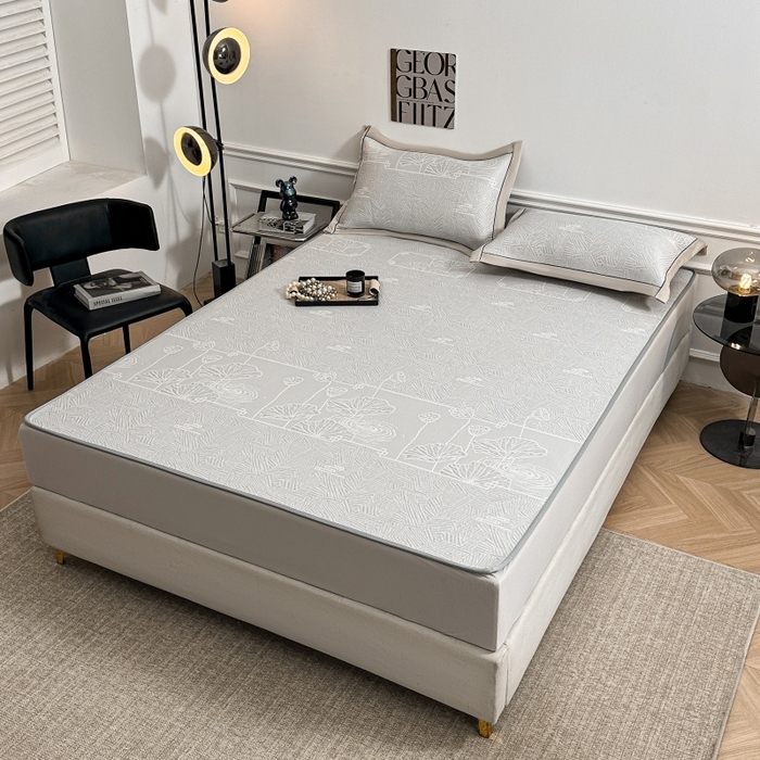 91家纺网 家纺一手货源 找家纺 绒艺席业 2026年新款立体浮雕工艺正宗凉感豆豆席凉席席子-床笠款 豆豆荷塘月色-浅灰色