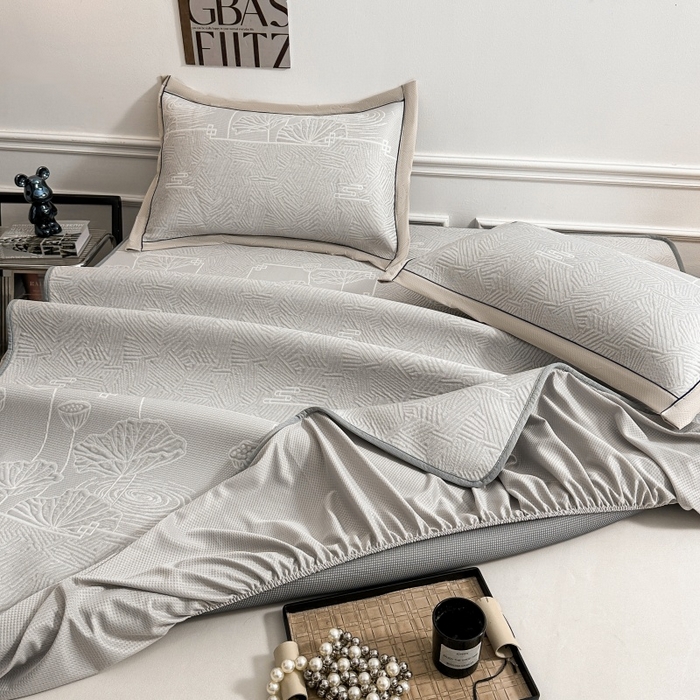 91家纺网 家纺一手货源 找家纺 绒艺席业 2026年新款立体浮雕工艺正宗凉感豆豆席凉席席子-床笠款 豆豆荷塘月色-浅灰色