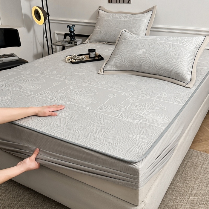 91家纺网 家纺一手货源 找家纺 绒艺席业 2026年新款立体浮雕工艺正宗凉感豆豆席凉席席子-床笠款 豆豆荷塘月色-浅灰色