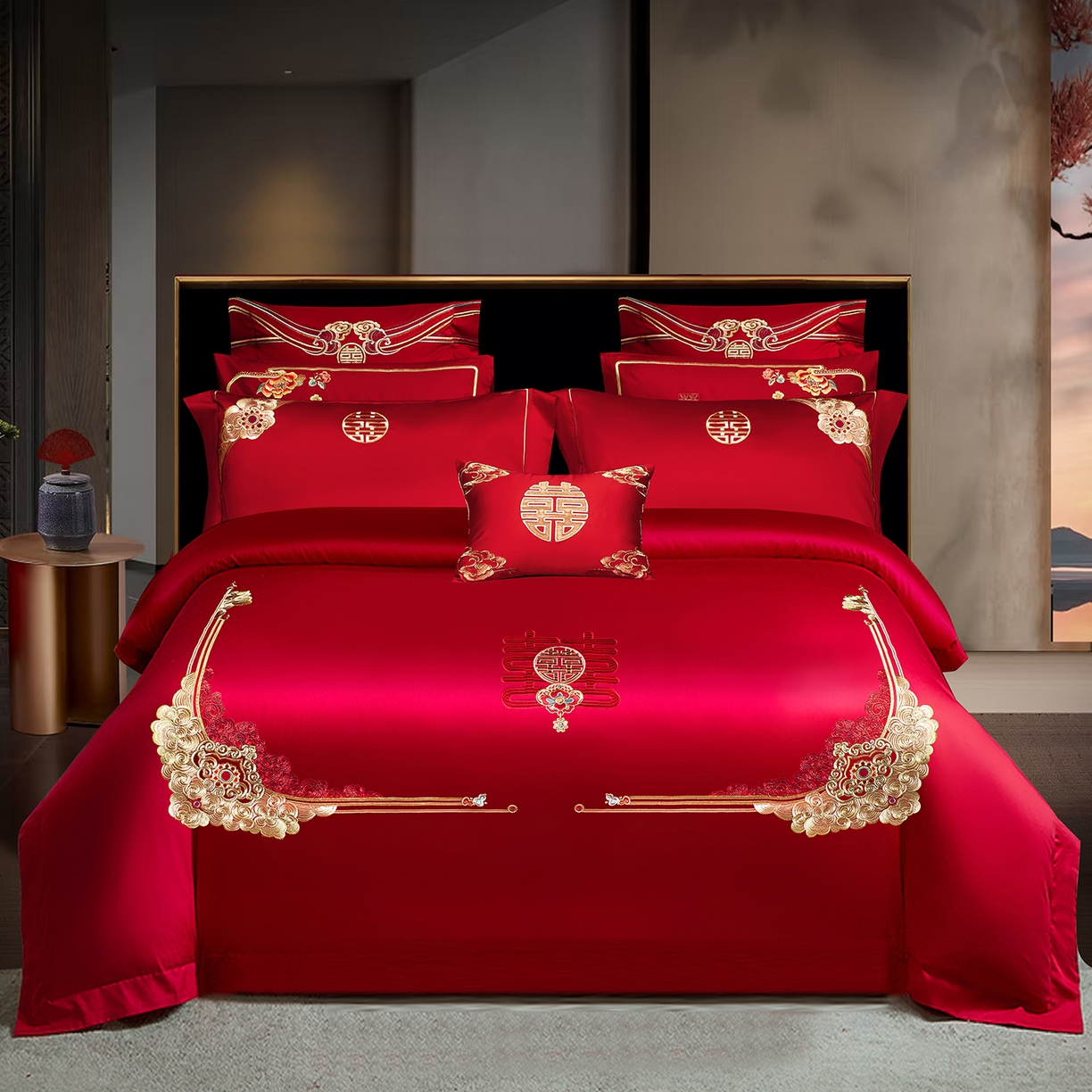 柏拉图 2026新款长绒棉纯棉贡缎全工艺刺绣婚庆四件套多件套 喜运绵绵