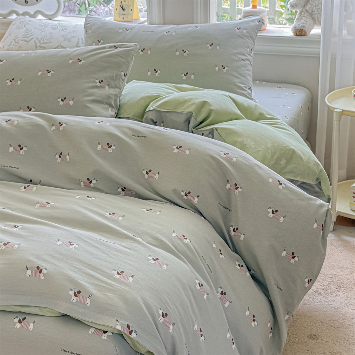 91家纺网 家纺一手货源 找家纺 优眠坊 2026春夏新款全棉印花四件套单品系列-单被套（预留缩水率） 克里斯-绿-单被套