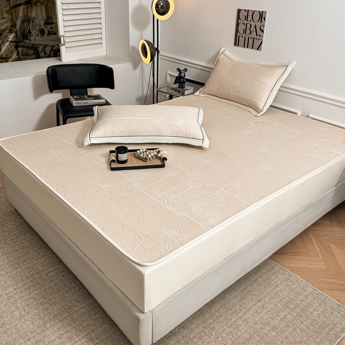 91家纺网 家纺一手货源 找家纺 绒艺席业 2026年新款立体浮雕工艺正宗凉感豆豆席凉席席子-床笠款 豆豆荷塘月色-浅杏色