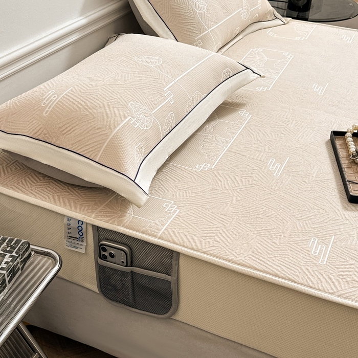 91家纺网 家纺一手货源 找家纺 绒艺席业 2026年新款立体浮雕工艺正宗凉感豆豆席凉席席子-床笠款 豆豆荷塘月色-浅杏色