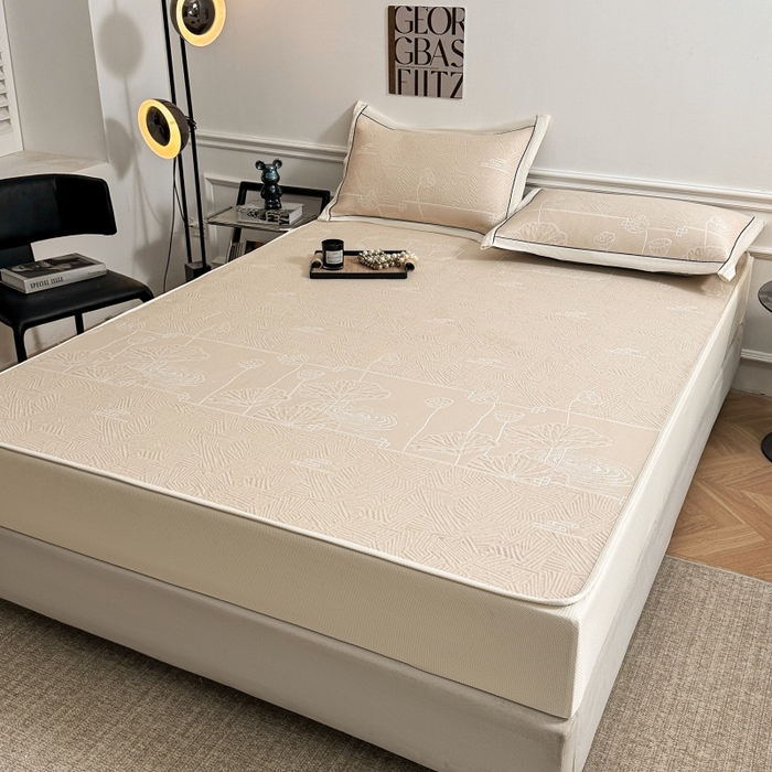 91家纺网 家纺一手货源 找家纺 绒艺席业 2026年新款立体浮雕工艺正宗凉感豆豆席凉席席子-床笠款 豆豆荷塘月色-浅杏色