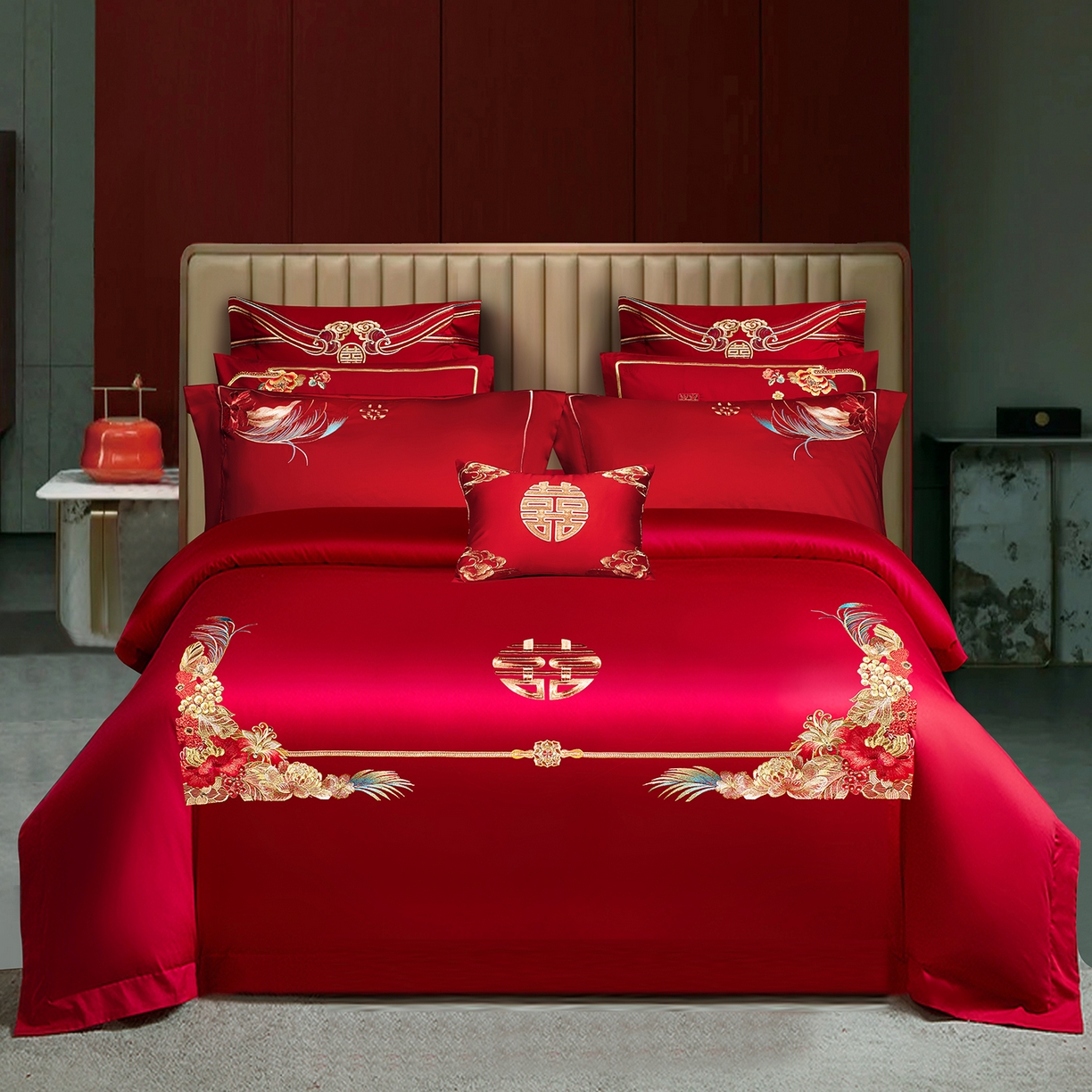 柏拉图 2026新款长绒棉纯棉贡缎全工艺刺绣婚庆四件套多件套 幸福嫁到