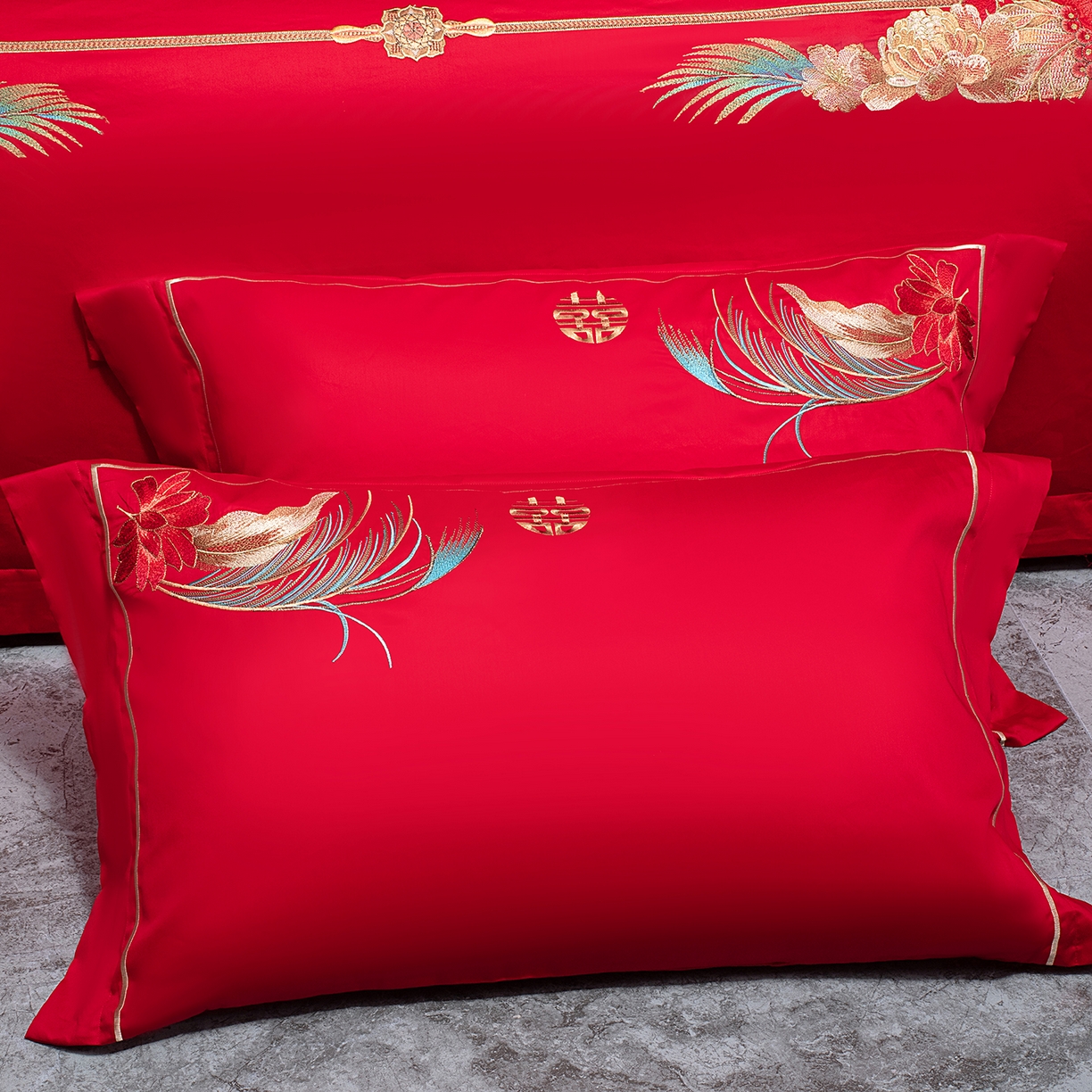 91家纺网 家纺一手货源 找家纺 柏拉图 2026新款长绒棉纯棉贡缎全工艺刺绣婚庆四件套多件套 幸福嫁到