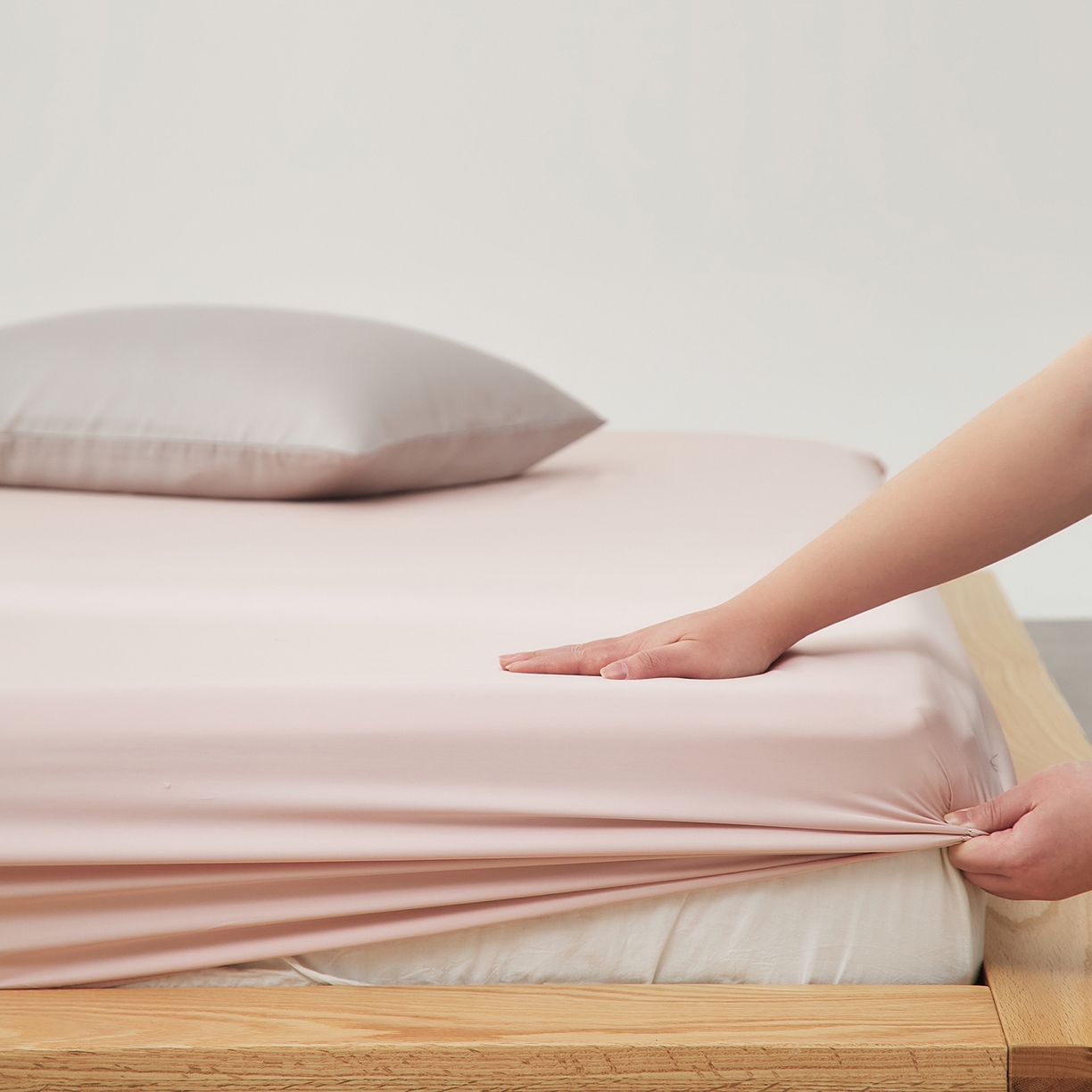 优彩 2026新款60支兰精天丝单品枕套床单被套床笠系列-单床笠 柔雾粉