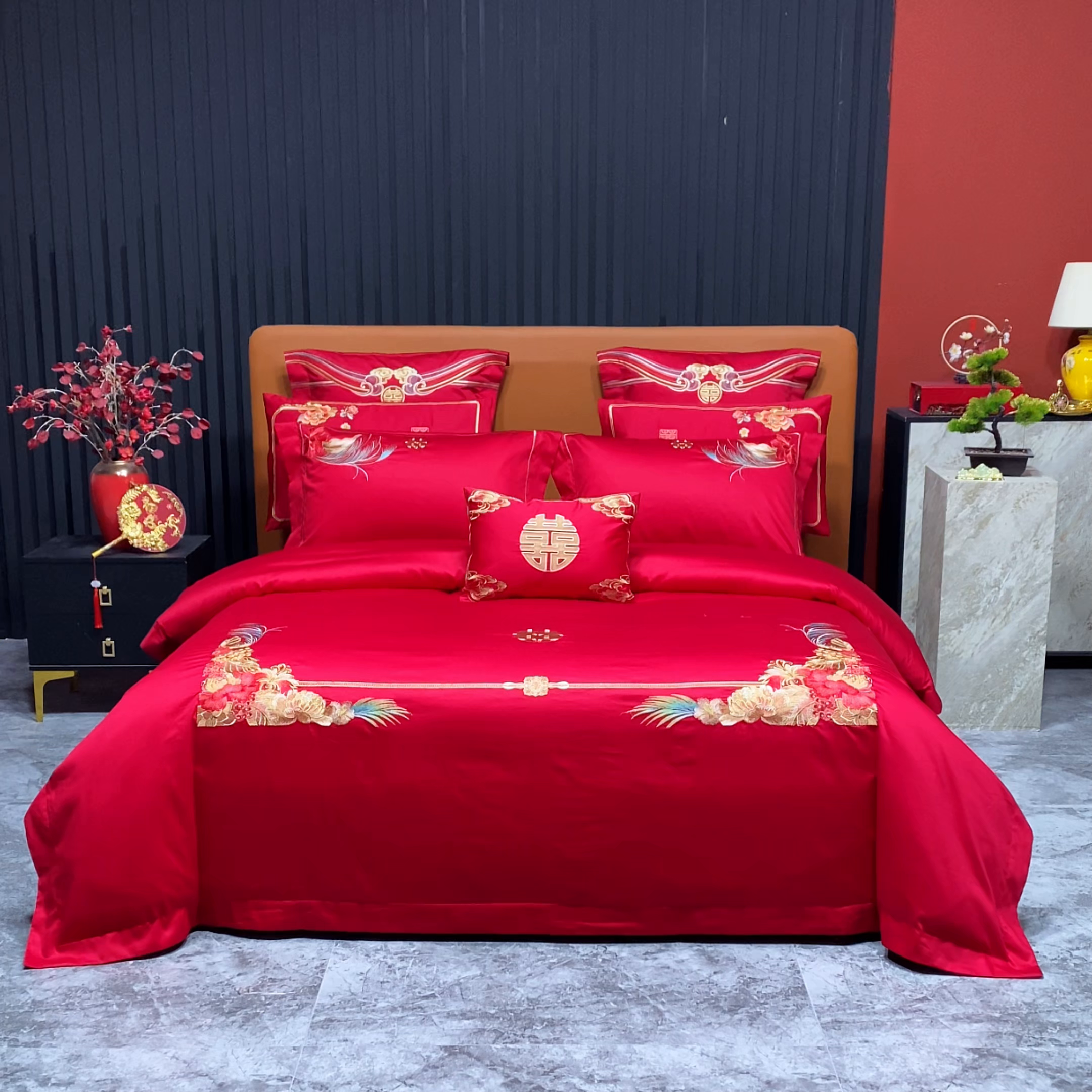 91家纺网 家纺一手货源 找家纺 柏拉图 2026新款长绒棉纯棉贡缎全工艺刺绣婚庆四件套多件套 幸福嫁到