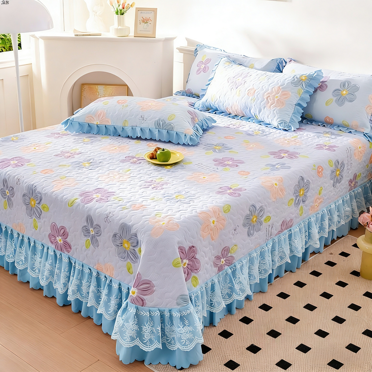 91家纺网 家纺一手货源 找家纺 （总）彩亿家纺 2026春夏新品四季床盖泡芙棉双层纱蕾丝床裙加厚床单