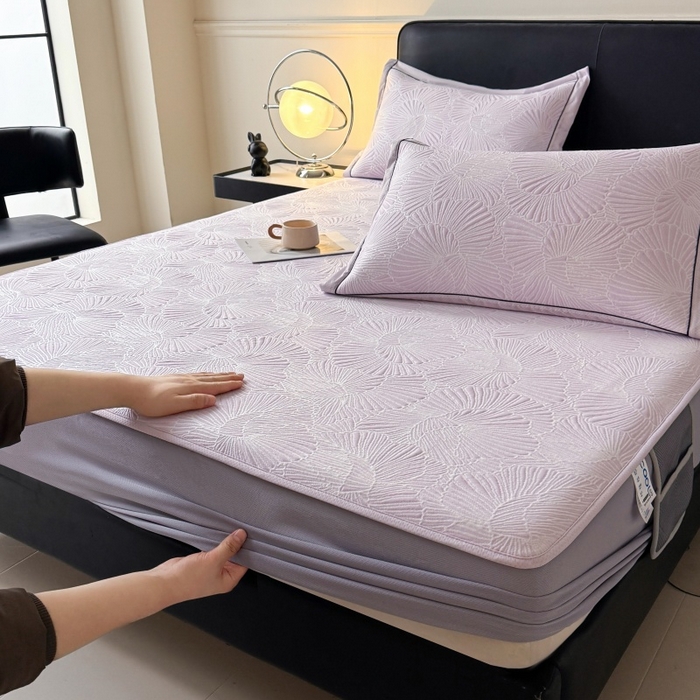 91家纺网 家纺一手货源 找家纺 绒艺席业 2026年新款立体浮雕工艺正宗凉感豆豆席凉席席子-床笠款 豆豆银杏叶-淡紫色