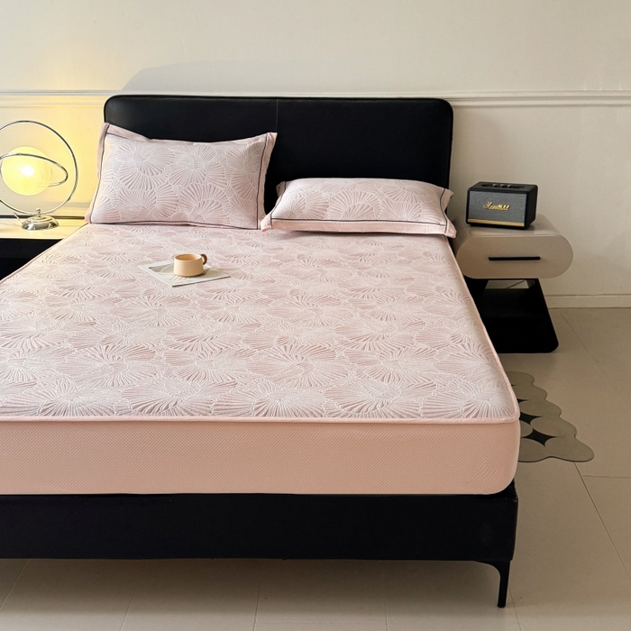 91家纺网 家纺一手货源 找家纺 绒艺席业 2026年新款立体浮雕工艺正宗凉感豆豆席凉席席子-床笠款 豆豆银杏叶-粉色