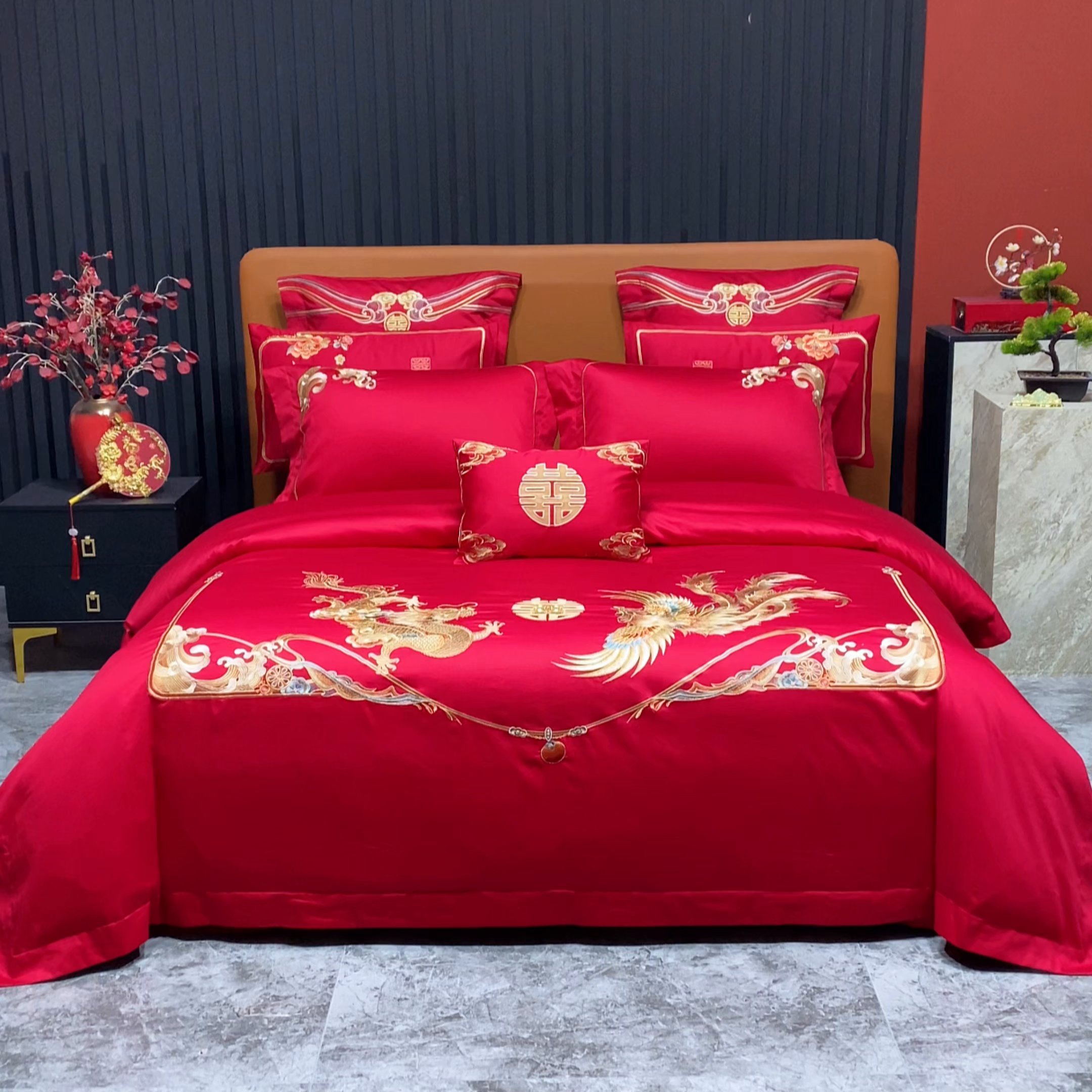 91家纺网 家纺一手货源 找家纺 柏拉图 2026新款长绒棉纯棉贡缎全工艺刺绣婚庆四件套多件套 缘定今生