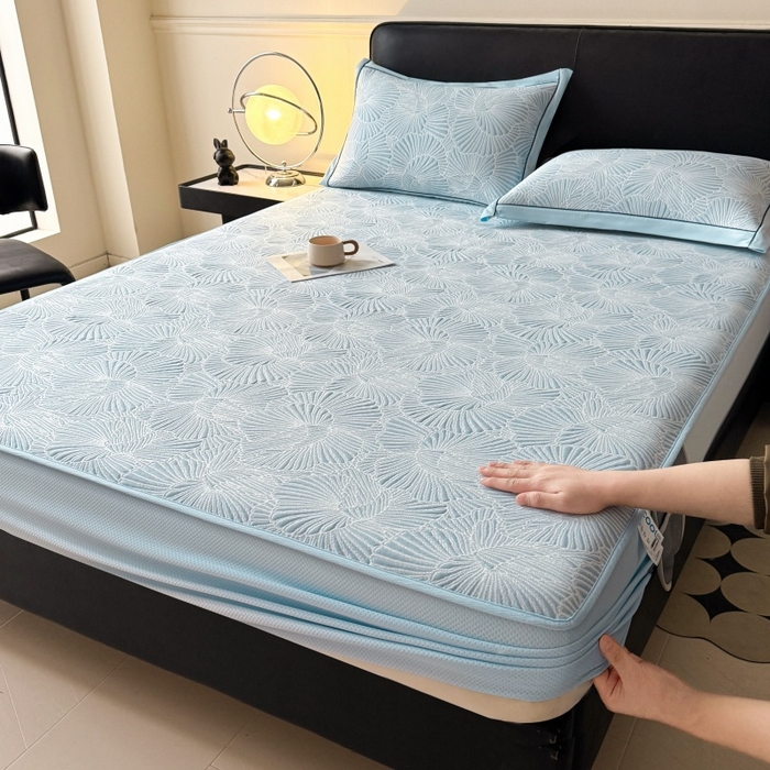 绒艺席业 2026年新款立体浮雕工艺正宗凉感豆豆席凉席席子-床笠款 豆豆银杏叶-蓝色
