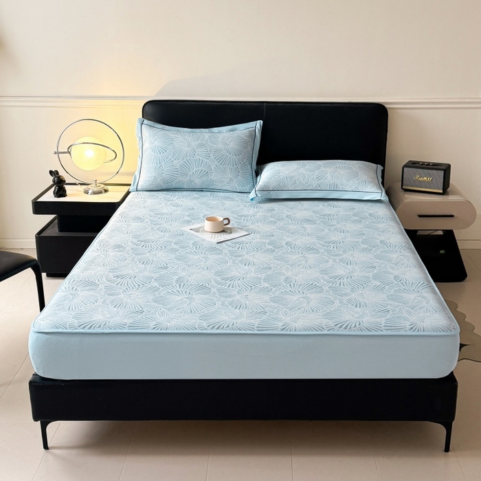 91家纺网 家纺一手货源 找家纺 绒艺席业 2026年新款立体浮雕工艺正宗凉感豆豆席凉席席子-床笠款 豆豆银杏叶-蓝色