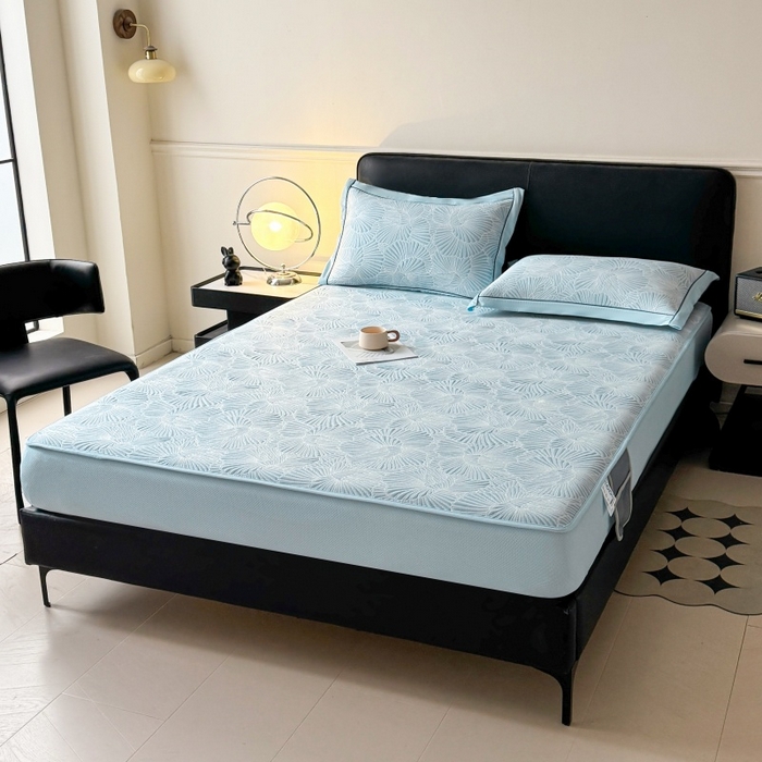 91家纺网 家纺一手货源 找家纺 绒艺席业 2026年新款立体浮雕工艺正宗凉感豆豆席凉席席子-床笠款 豆豆银杏叶-蓝色