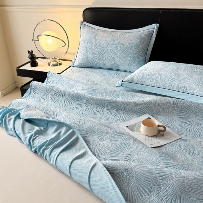 91家纺网 家纺一手货源 找家纺 绒艺席业 2026年新款立体浮雕工艺正宗凉感豆豆席凉席席子-床笠款 豆豆银杏叶-蓝色