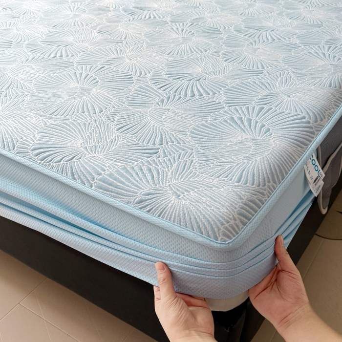 91家纺网 家纺一手货源 找家纺 绒艺席业 2026年新款立体浮雕工艺正宗凉感豆豆席凉席席子-床笠款 豆豆银杏叶-蓝色