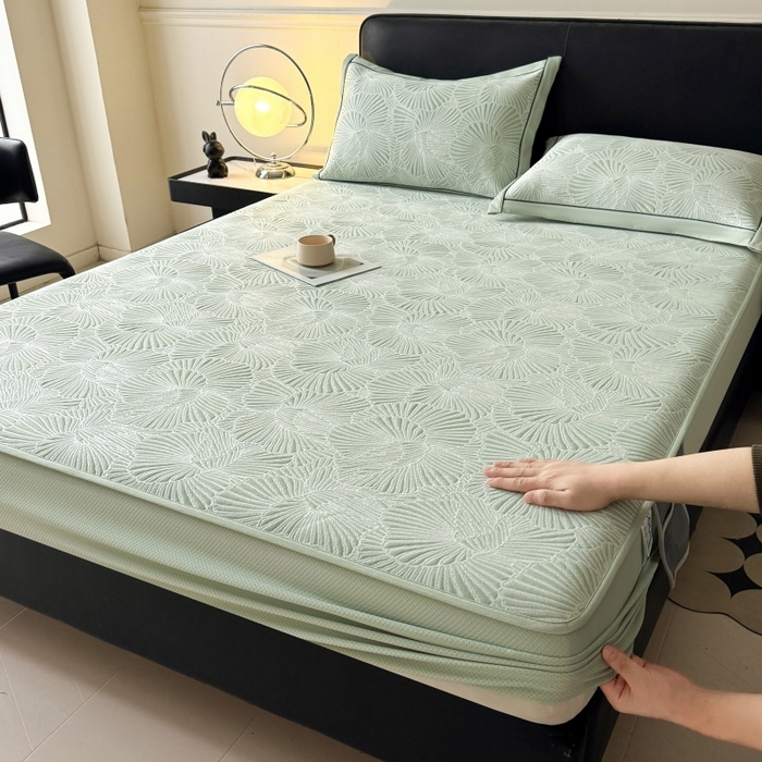 绒艺席业 2026年新款立体浮雕工艺正宗凉感豆豆席凉席席子-床笠款 豆豆银杏叶-绿色