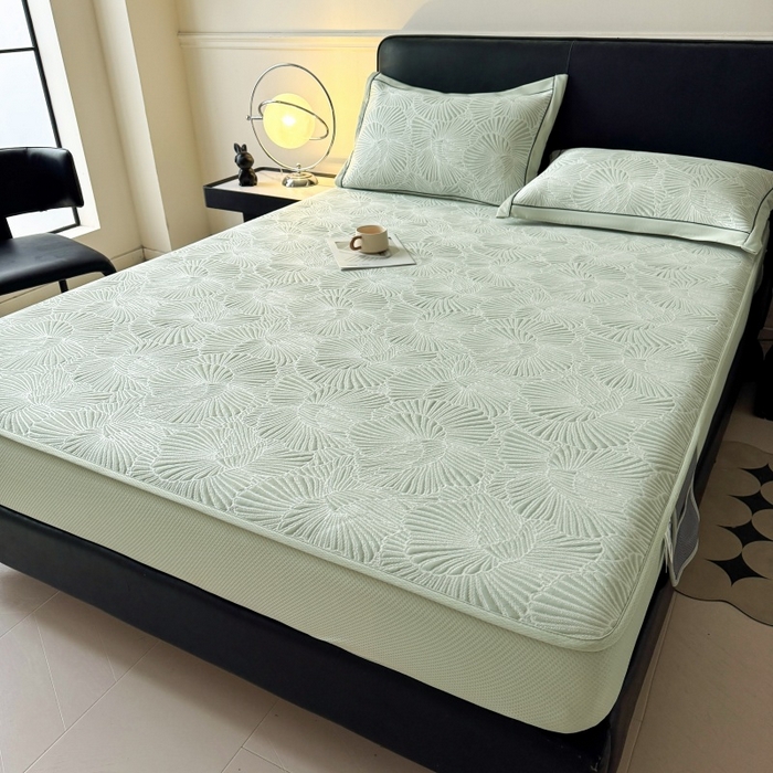 91家纺网 家纺一手货源 找家纺 绒艺席业 2026年新款立体浮雕工艺正宗凉感豆豆席凉席席子-床笠款 豆豆银杏叶-绿色