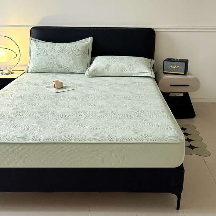 91家纺网 家纺一手货源 找家纺 绒艺席业 2026年新款立体浮雕工艺正宗凉感豆豆席凉席席子-床笠款 豆豆银杏叶-绿色