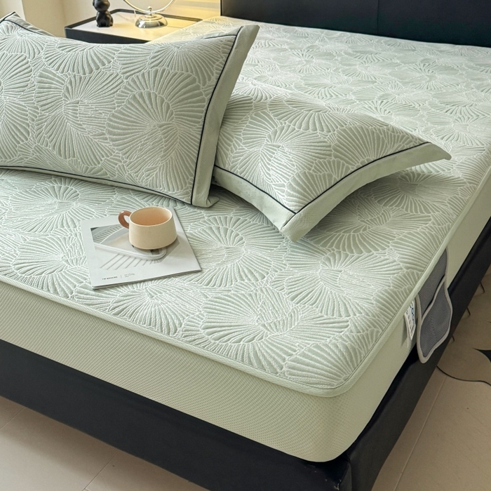91家纺网 家纺一手货源 找家纺 绒艺席业 2026年新款立体浮雕工艺正宗凉感豆豆席凉席席子-床笠款 豆豆银杏叶-绿色
