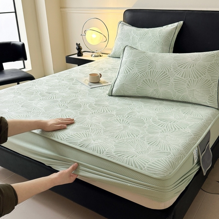 91家纺网 家纺一手货源 找家纺 绒艺席业 2026年新款立体浮雕工艺正宗凉感豆豆席凉席席子-床笠款 豆豆银杏叶-绿色