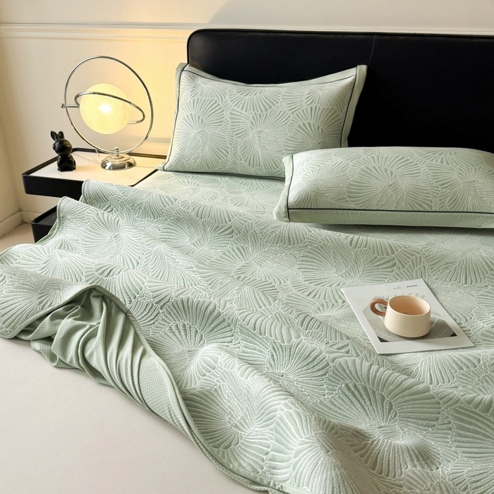 91家纺网 家纺一手货源 找家纺 绒艺席业 2026年新款立体浮雕工艺正宗凉感豆豆席凉席席子-床笠款 豆豆银杏叶-绿色