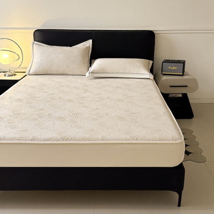 91家纺网 家纺一手货源 找家纺 绒艺席业 2026年新款立体浮雕工艺正宗凉感豆豆席凉席席子-床笠款 豆豆银杏叶-奶白色