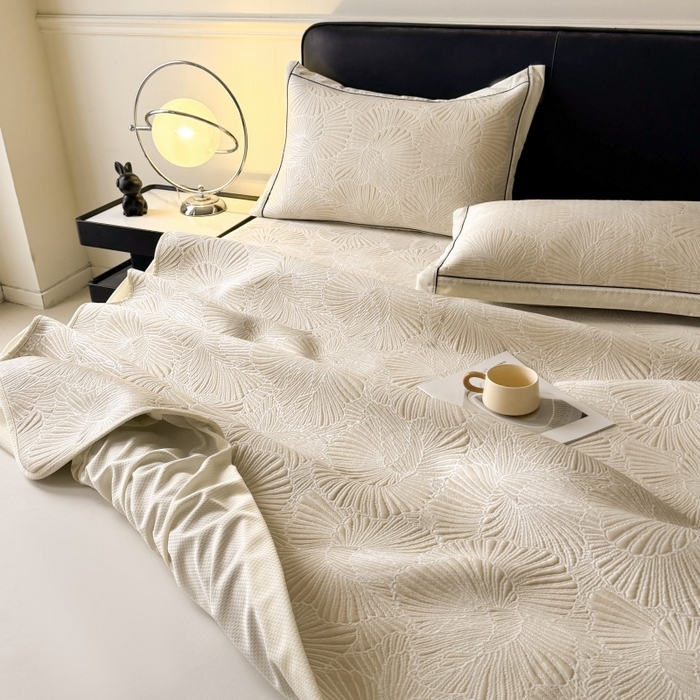 91家纺网 家纺一手货源 找家纺 绒艺席业 2026年新款立体浮雕工艺正宗凉感豆豆席凉席席子-床笠款 豆豆银杏叶-奶白色