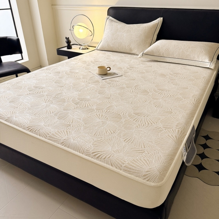 91家纺网 家纺一手货源 找家纺 绒艺席业 2026年新款立体浮雕工艺正宗凉感豆豆席凉席席子-床笠款 豆豆银杏叶-奶白色