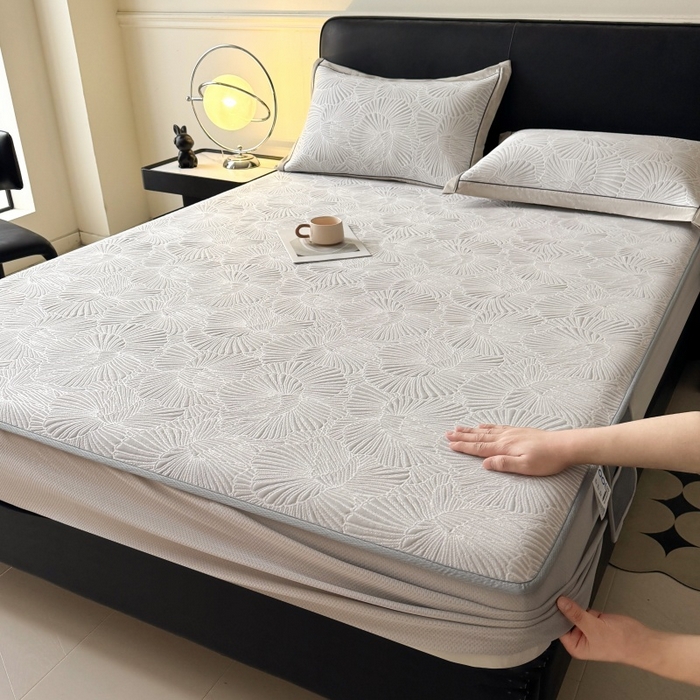 绒艺席业 2026年新款立体浮雕工艺正宗凉感豆豆席凉席席子-床笠款 豆豆银杏叶-浅灰色