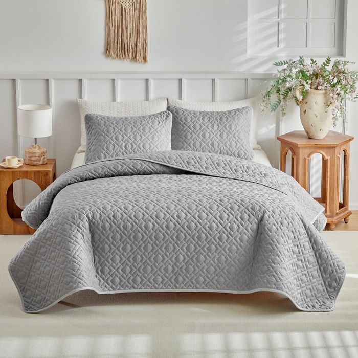 （总）温宁 2026年素色床盖三件套 国外薄被第一批--回字格  跨境，外贸，亚马逊，shein，temu