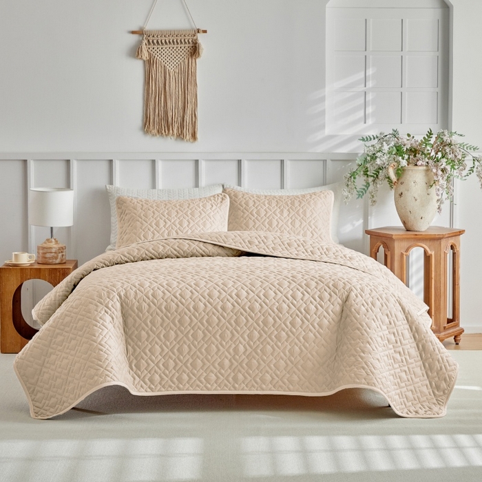 91家纺网 家纺一手货源 找家纺 （总）温宁 2026年素色床盖三件套 国外薄被第一批--回字格  跨境，外贸，亚马逊，shein，temu