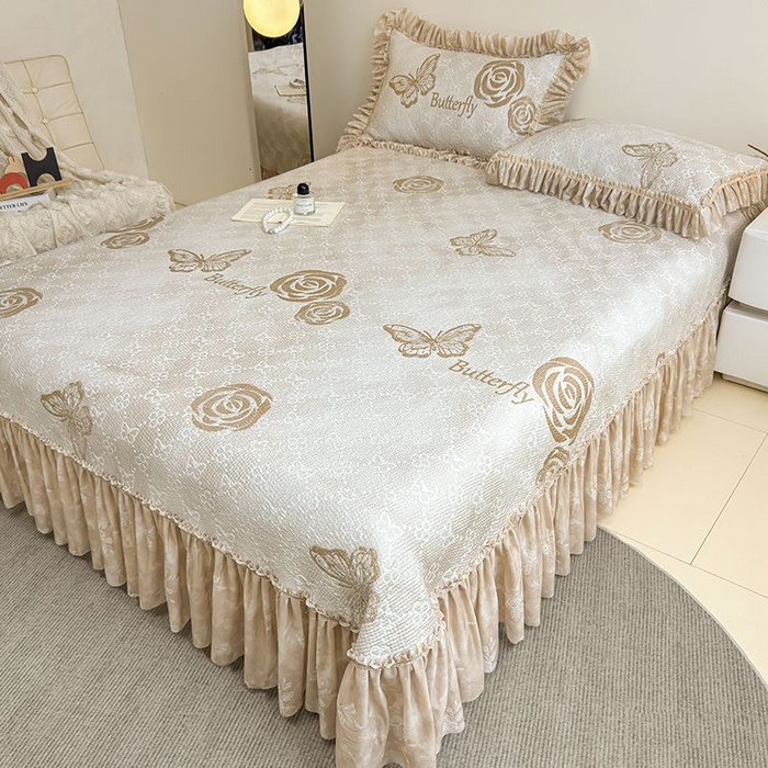 91家纺网 家纺一手货源 找家纺 锦逸家居 2026新款床裙款真PE冰丝凉席 花香丽影-卡其