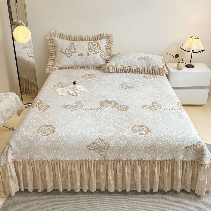 91家纺网 家纺一手货源 找家纺 锦逸家居 2026新款床裙款真PE冰丝凉席 花香丽影-卡其