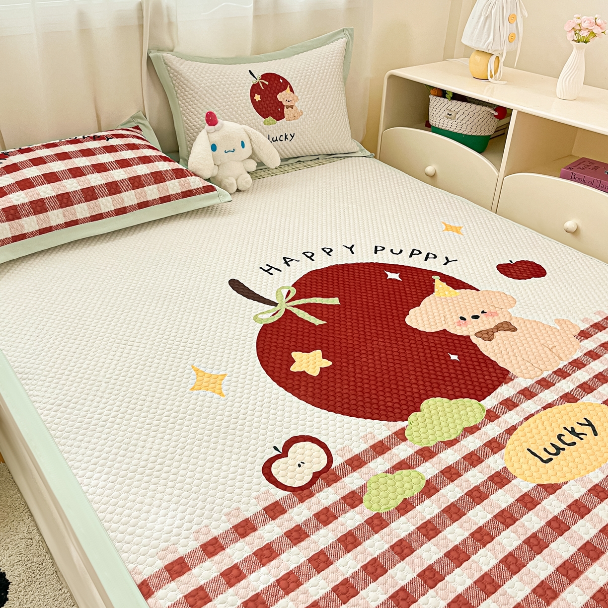 91家纺网 家纺一手货源 找家纺 蓝极人 2026新款大版数码印花豆豆席 苹果狗