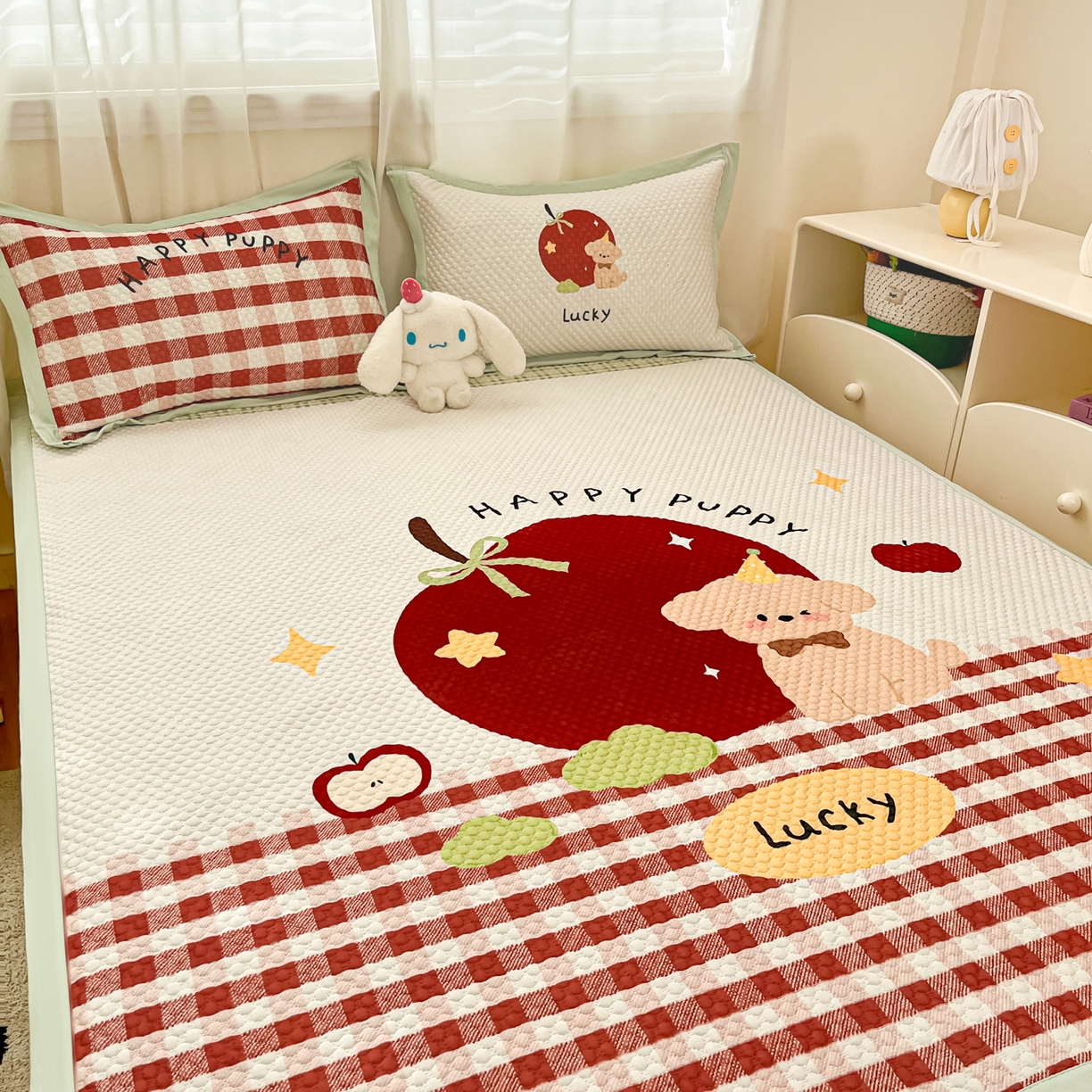 91家纺网 家纺一手货源 找家纺 蓝极人 2026新款大版数码印花豆豆席 苹果狗