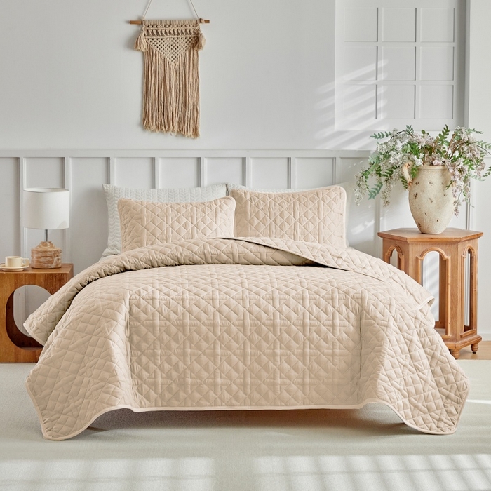 91家纺网 家纺一手货源 找家纺 （总）温宁 2026年素色床盖三件套 国外薄被第一批--十字格  跨境，外贸，亚马逊，shein，temu