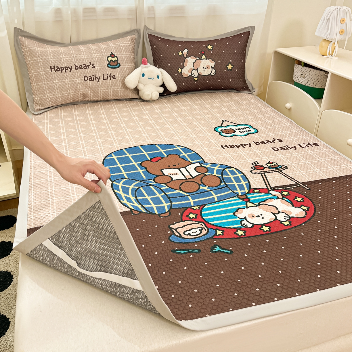 91家纺网 家纺一手货源 找家纺 蓝极人 2026新款大版数码印花豆豆席 甜茶崽