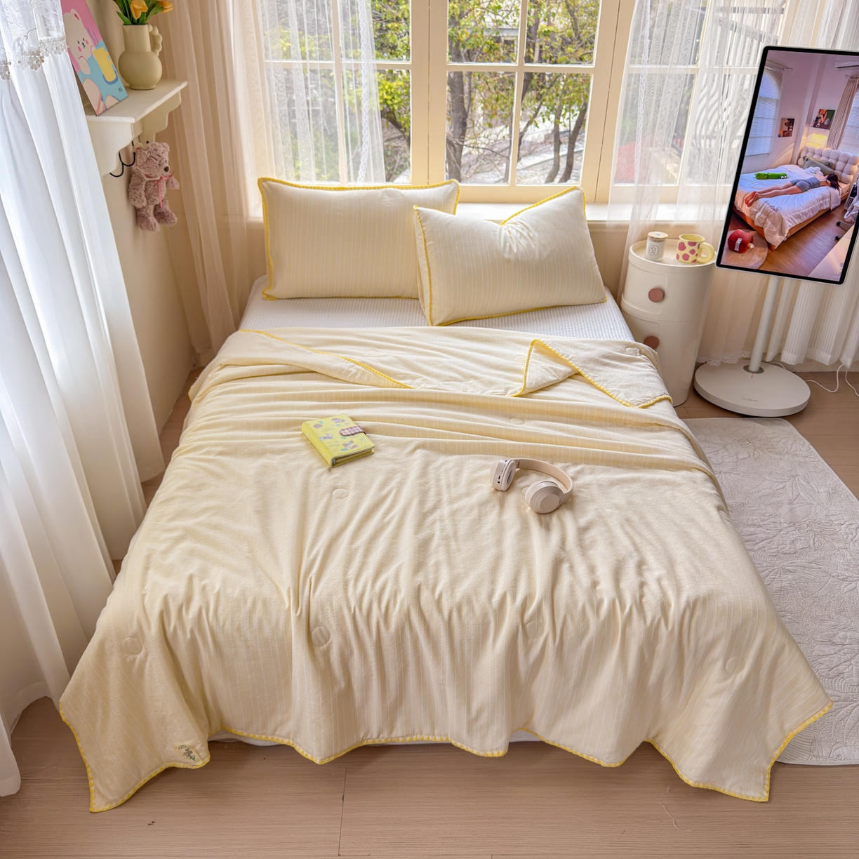 91家纺网 家纺一手货源 找家纺 （总）鑫利来家纺 2026新款纯色无印风夏被简约素色法式麻夏凉被阳离子色织提花单人双人学生夏凉被空调被-场景二