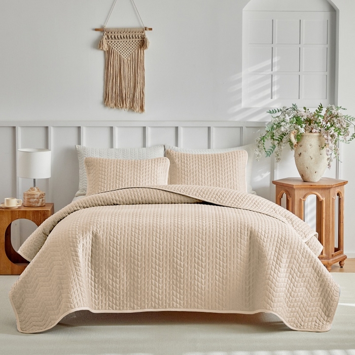 91家纺网 家纺一手货源 找家纺 （总）温宁 2026年素色床盖三件套 国外薄被第一批--鱼骨纹  跨境，外贸，亚马逊，shein，temu