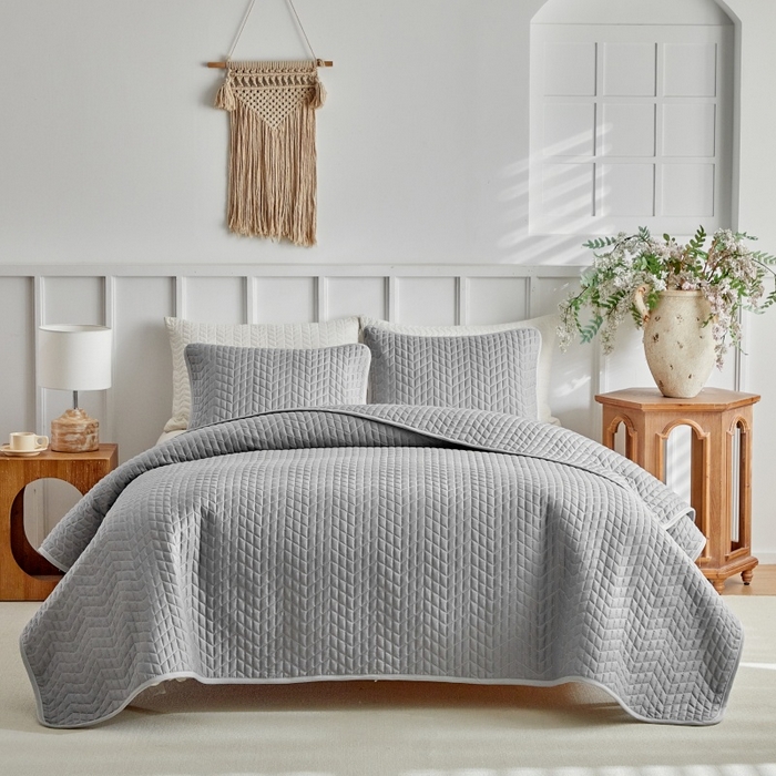 91家纺网 家纺一手货源 找家纺 （总）温宁 2026年素色床盖三件套 国外薄被第一批--鱼骨纹  跨境，外贸，亚马逊，shein，temu