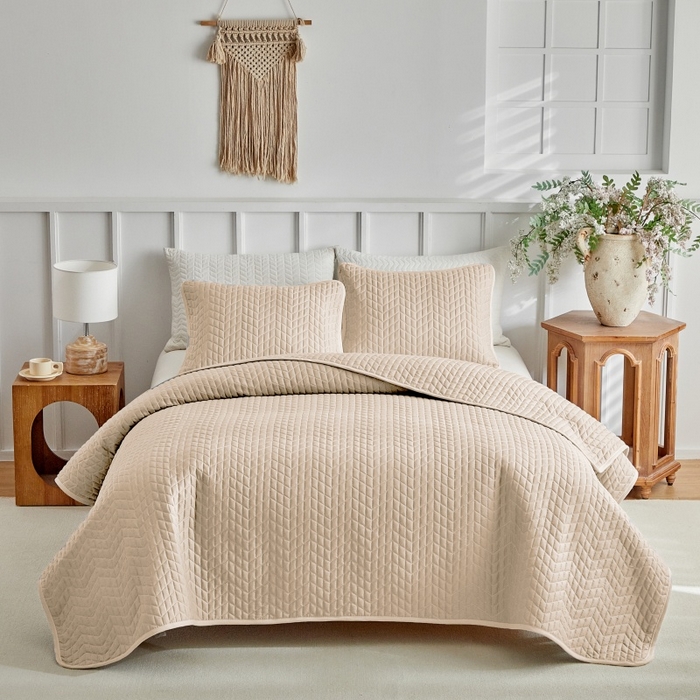 91家纺网 家纺一手货源 找家纺 （总）温宁 2026年素色床盖三件套 国外薄被第一批--鱼骨纹  跨境，外贸，亚马逊，shein，temu