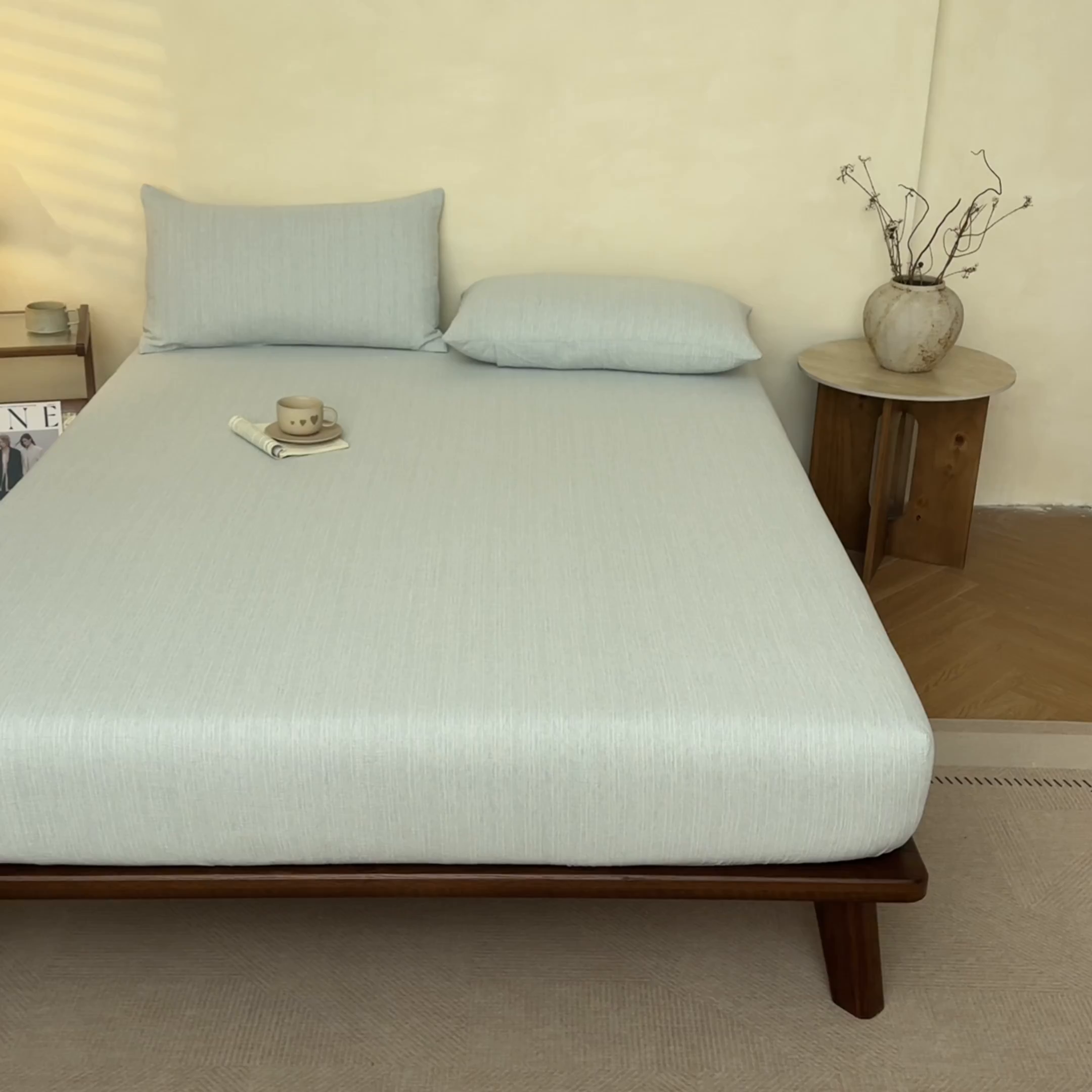 91家纺网 家纺一手货源 找家纺 （总）蓝极人 2026新款提花色织水洗麻床笠