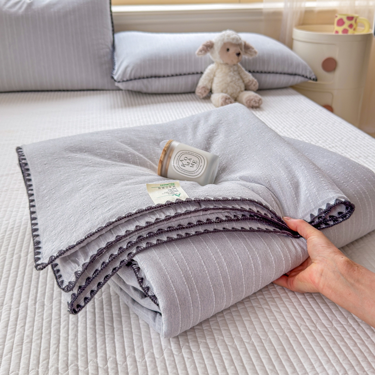 鑫利来家纺 2026新款纯色无印风夏被简约素色法式麻夏凉被阳离子色织提花单人双人学生夏凉被-场景二 青禾-浅灰
