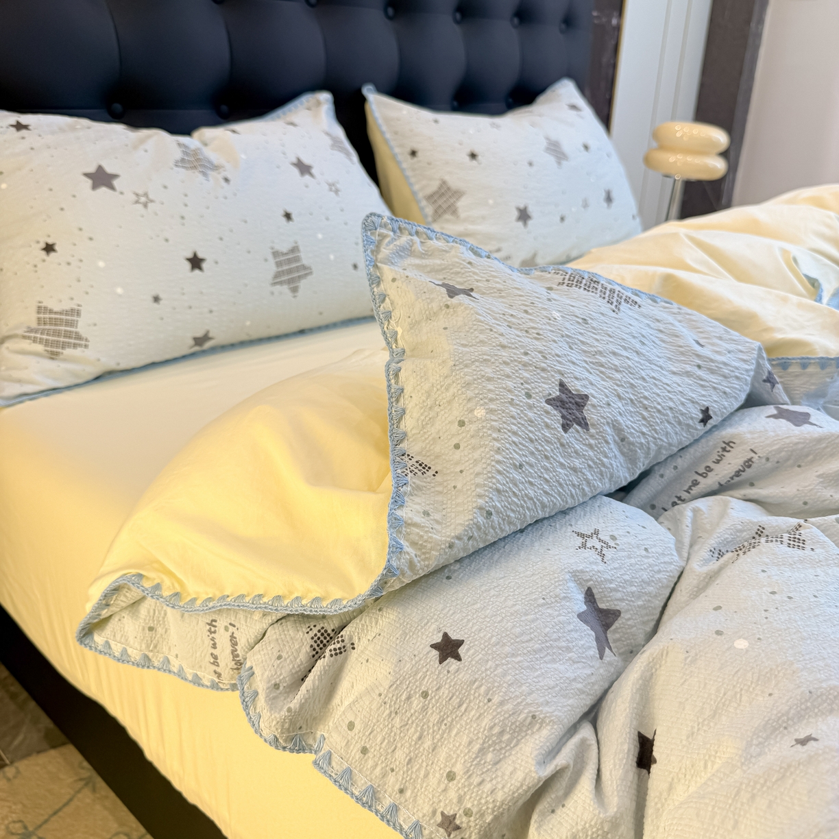 91家纺网 家纺一手货源 找家纺 盼季家纺 2026新款水洗棉印花贝壳绣四件套 贝壳绣-小星星