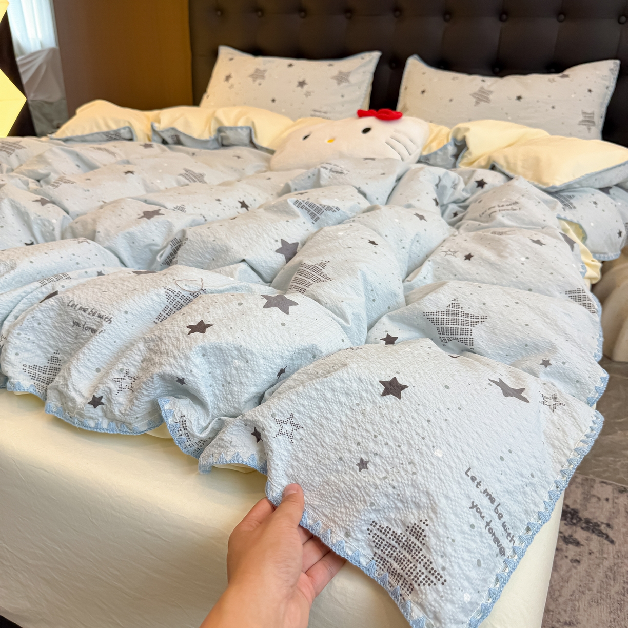 91家纺网 家纺一手货源 找家纺 盼季家纺 2026新款水洗棉印花贝壳绣四件套 贝壳绣-小星星