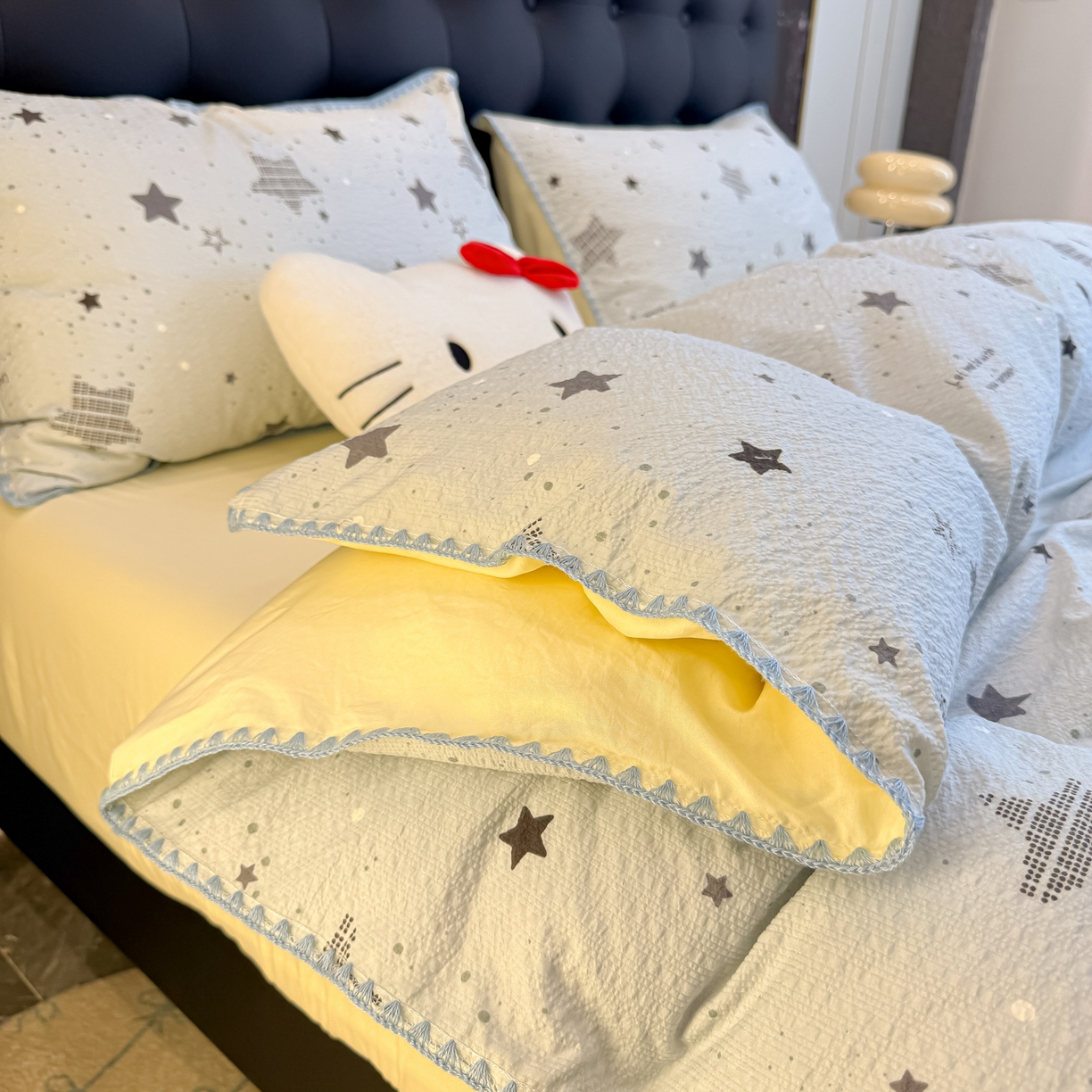 91家纺网 家纺一手货源 找家纺 盼季家纺 2026新款水洗棉印花贝壳绣四件套 贝壳绣-小星星