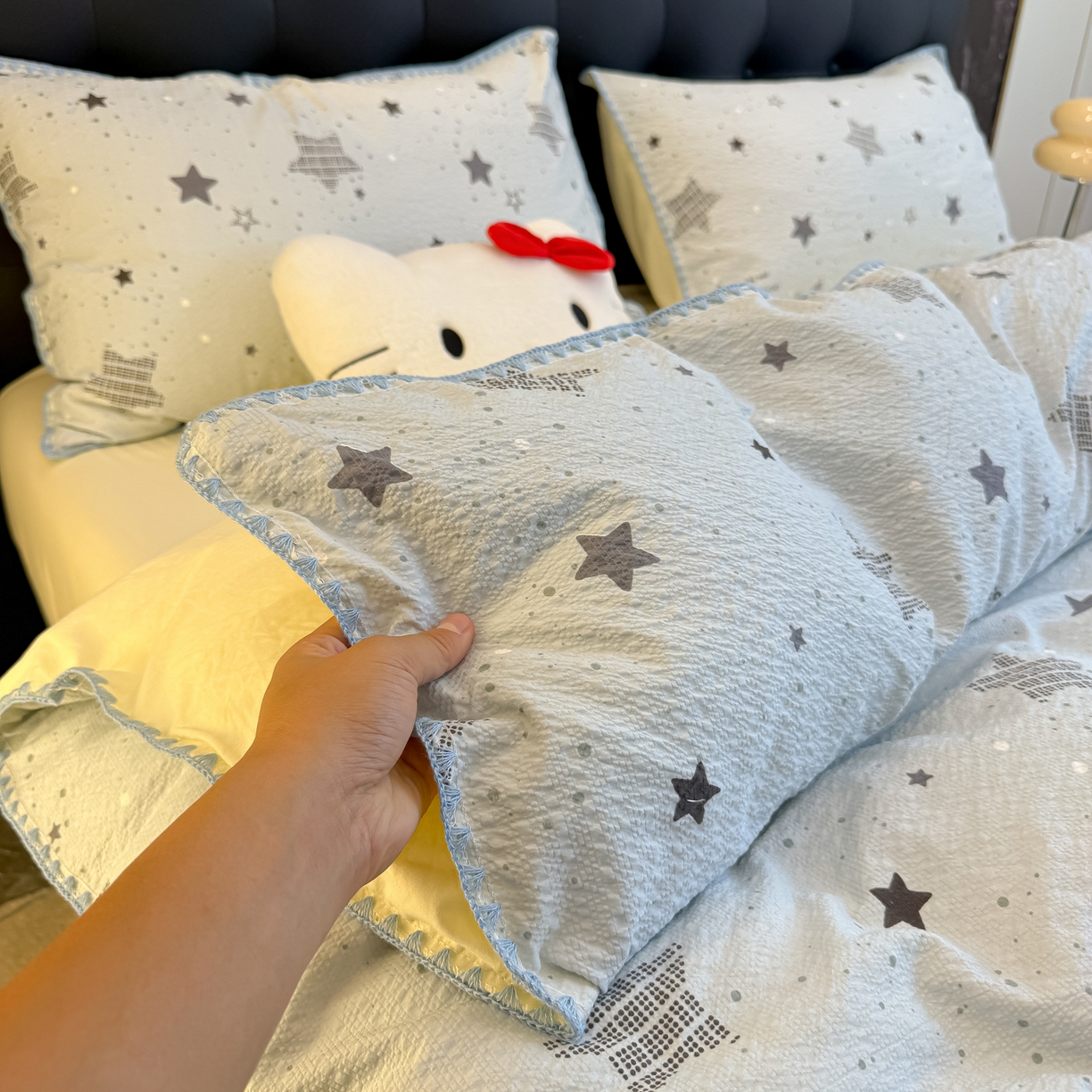 91家纺网 家纺一手货源 找家纺 盼季家纺 2026新款水洗棉印花贝壳绣四件套 贝壳绣-小星星